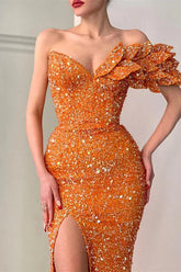 Modern Orange Long Off-the-Shoulder Mermaid Sequins Evening Prom Dress With Slit